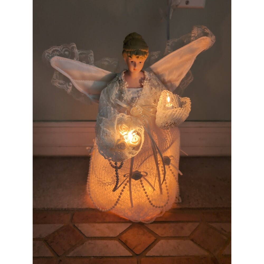 Vintage Angel Lighted Christmas Tree Topper Ivory Lace Beads Victorian